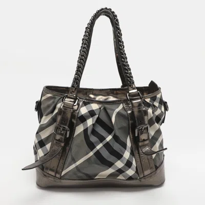 Pre-owned Burberry Lowry Medium Black/grey Beat Check Nylon And Patent Leather Tote