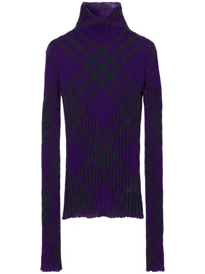 Burberry Luxurious Green Plaid-check Rib-knit Jumper For Women In Purple