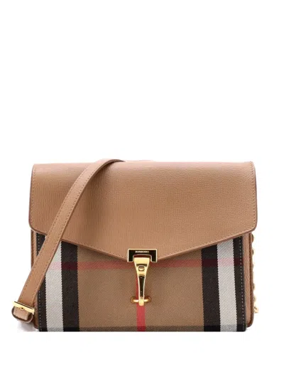 Pre-owned Burberry Macken Leather And House Check Canvas Small Crossbody Bag In Brown