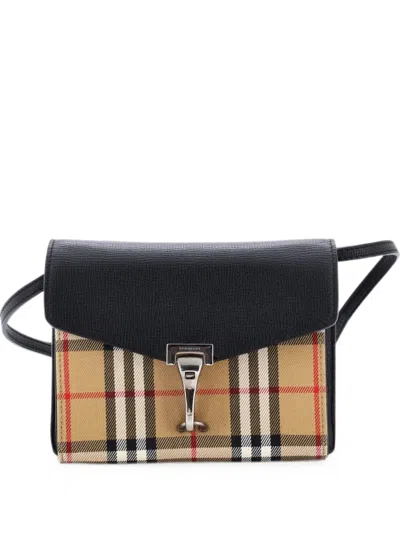 Pre-owned Burberry Macken Leather And Vintage Check Canvas Baby Crossbody Bag In Black