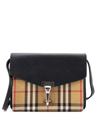 Pre-owned Burberry Macken Leather And Vintage Check Canvas Baby Crossbody Bag In Brown