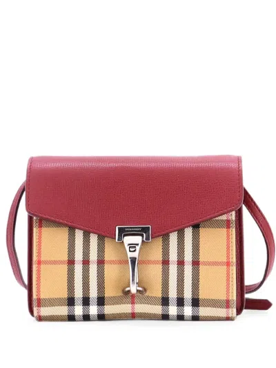 Pre-owned Burberry Macken Leather And Vintage Check Canvas Baby Crossbody Bag In Neutral