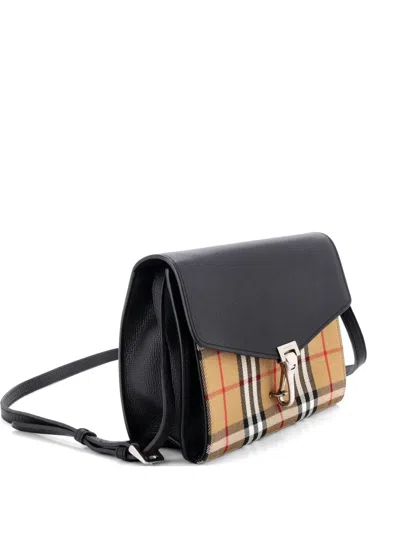Pre-owned Burberry Macken Leather And Vintage Check Canvas Small Crossbody Bag In Black