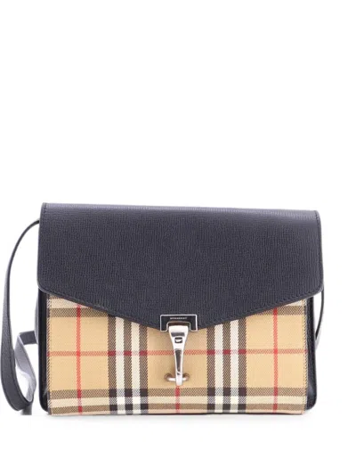 Pre-owned Burberry Macken Leather And Vintage Check Canvas Small Crossbody Bag In Black