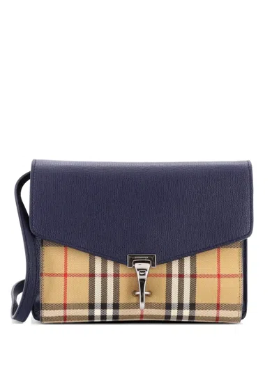Pre-owned Burberry Macken Leather And Vintage Check Canvas Small Crossbody Bag In Blue