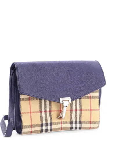 Pre-owned Burberry Macken Leather And Vintage Check Canvas Small Crossbody Bag In Blue