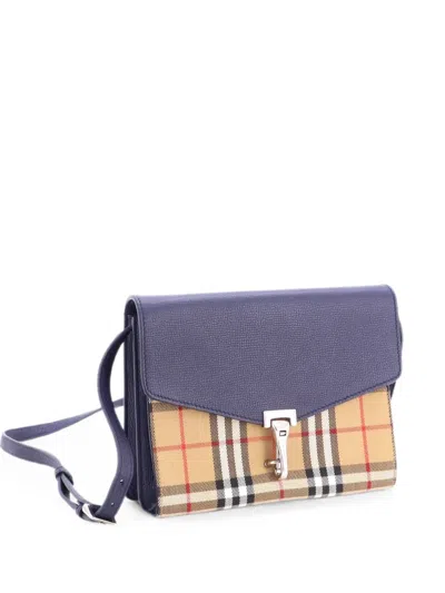Pre-owned Burberry Macken Leather And Vintage Check Canvas Small Crossbody Bag In Blue