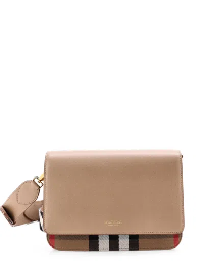 Pre-owned Burberry Mackford Leather And House Check Canvas Small Shoulder Bag In Neutral