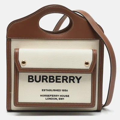Pre-owned Burberry Malt Brown/natural Canvas And Leather Mini Pocket Bag
