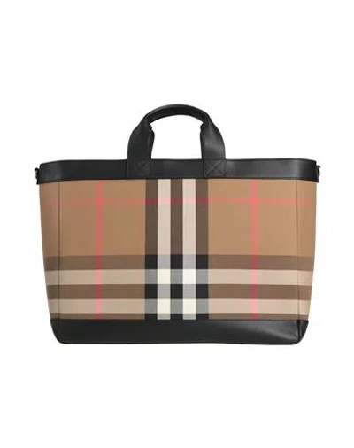Burberry Man Handbag Camel Size - Textile Fibers, Leather In Sand