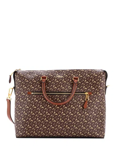 Pre-owned Burberry Manchester Zip Briefcase Monogram E-canvas Business Bag In Brown