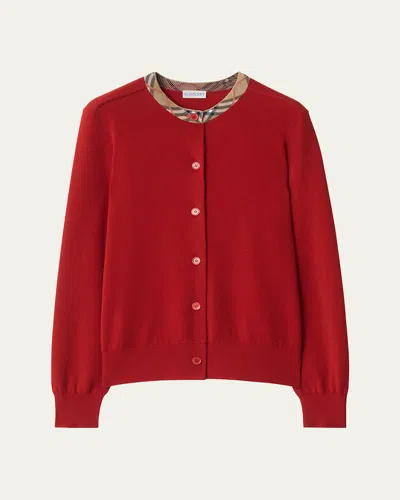 BURBERRY MARGOT CHECK-TRIM CREWNECK CARDIGAN