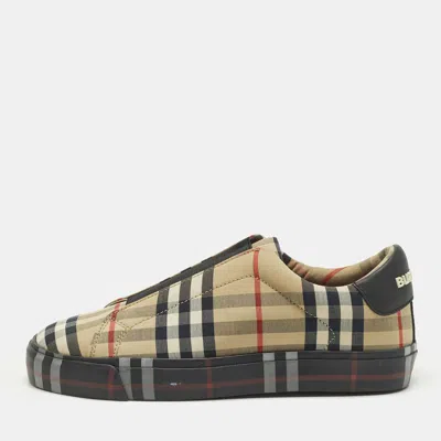 Pre-owned Burberry Markham Size 35 Beige Check Fabric And Leather Slip On Sneakers In Sand