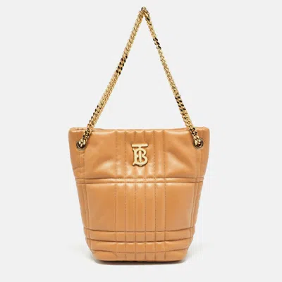 Pre-owned Burberry Marple Brown Embossed Check Leather Small Lola Bucket Bag