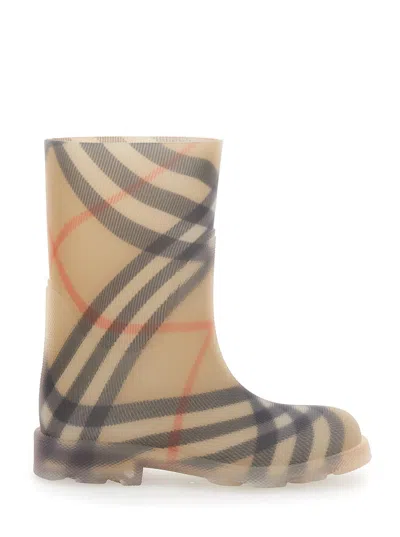 BURBERRY MARSH BEIGE BOOTS WITH ALL-OVER CHECK MOTIF IN RUBBER GIRLS