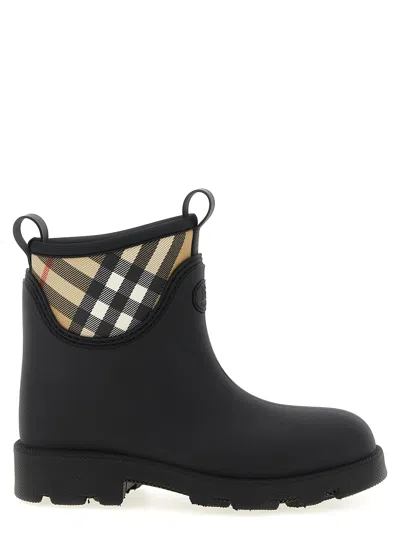 Burberry Checked Twill-trimmed Rubber Rain Boots In Black