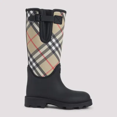 Burberry Woven Check Rain Boots With Adjustable Buckle And Equestrian Design In Black