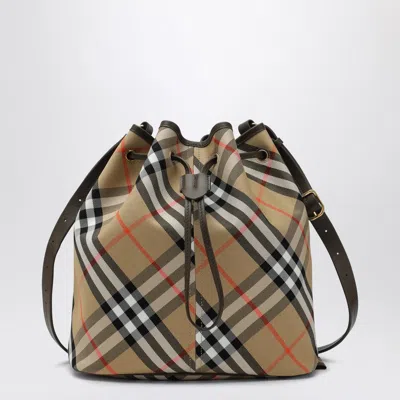 Burberry Medium Beige Bucket Bag With Check Pattern In Brown