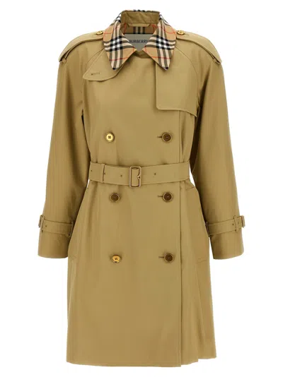 Burberry Double Breast Midi Canvas Trench Coat In Brown