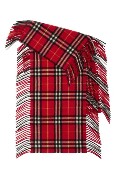 Burberry Medium Check Happy Fringe Cashmere Scarf In Currant