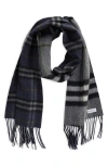 Burberry Medium Check Reversible Cashmere Fringe Scarf In Dark Grey/indigo