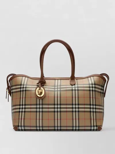 Burberry Medium Check Tote Bag Gold Hardware Top Handles In Brown