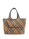 Burberry Check Pattern Tote With Calfskin Trim In Brown