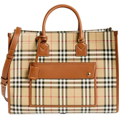 Burberry Medium Freya Check Coated Canvas Tote In Brown
