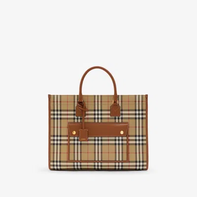 Burberry Printed Cotton Medium Freya Shopping Bag In Vntg Chk Briar Brown