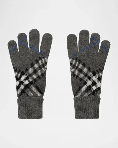 Burberry Check Cashmere Blend Gloves In Gray