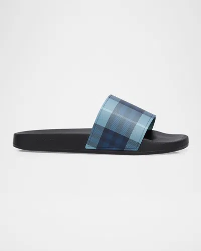 Burberry Men & Apos;s Check Slides In Arctic Blue