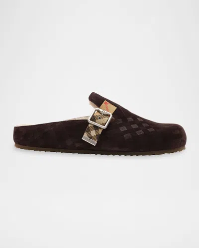 Burberry Leather Slide Slippers With Fur-trim Top Closure In Brown