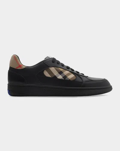 Burberry Men Leather Sneakers With Traditional Check Inserts In Black