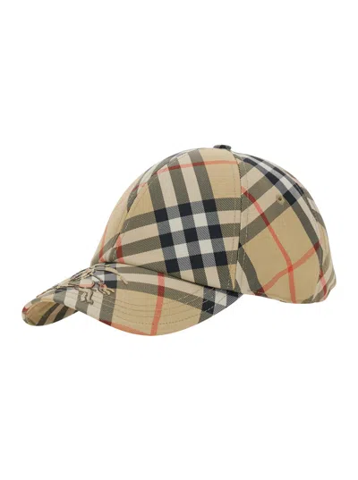 Burberry Men Beige Baseball Cap With All-over Check Motif And Ekd Embroidery On The Front In Fabric  In White