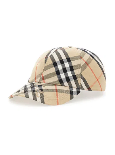 BURBERRY BURBERRY MEN BEIGE BASEBALL CAP WITH CHECK MOTIF AND EKD EMBROIDERY IN WOOL AND SILK MAN