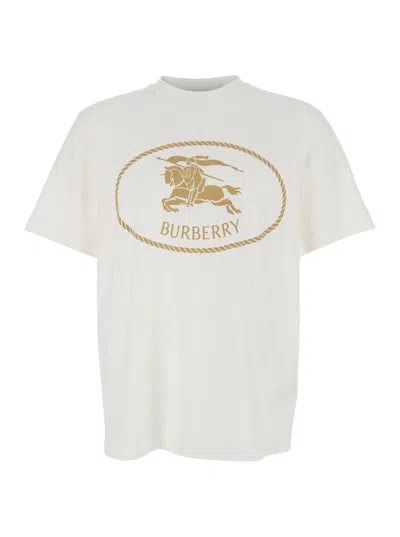 BURBERRY BURBERRY MEN BEIGE CREWNECK T-SHIRT WITH MAXI LOGO ON THE FRONT IN COTTON MAN