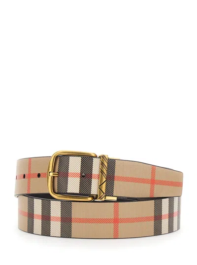 Burberry Men Beige Reversible Belt With Buckle Closure And All-over Check Motif In Leather Man In Multi
