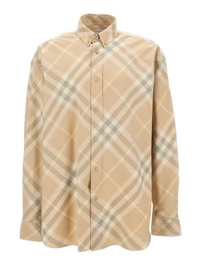 Burberry Men Beige Shirt With Button-down Collar And Check Motif In Cotton Man In Neutral