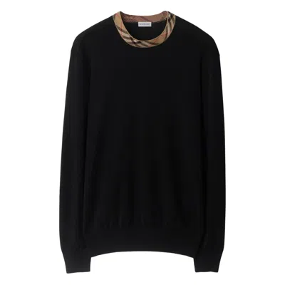 Burberry Men Black Crew Neck Contrasting Collar Long Sleeves Ribbed Cuffs And Hem