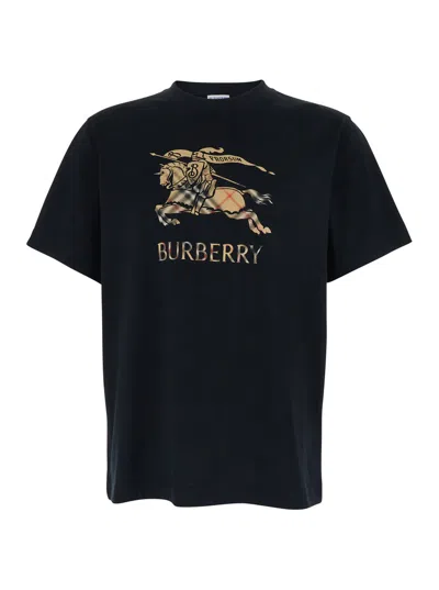 BURBERRY BURBERRY MEN BLACK CREWNECK T-SHIRT WITH EKD AND LOGO LETTERING EMBROIDERY ON THE FRONT IN COTTON MA