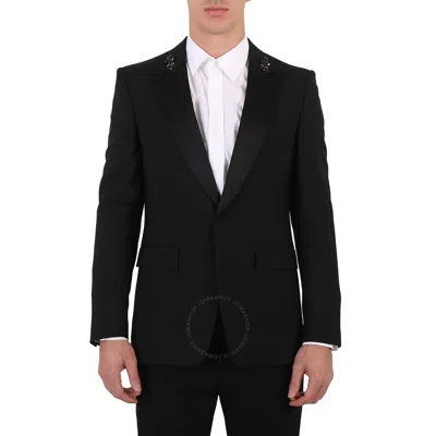 Burberry Black Cotton Tuxedo Jacket For Men With Oak Leaf Crest Detail And Satin Lapels