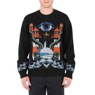 Pre-owned Burberry Men's Black Lighthouse Intarsia Wool Knit Sweater, Size Large