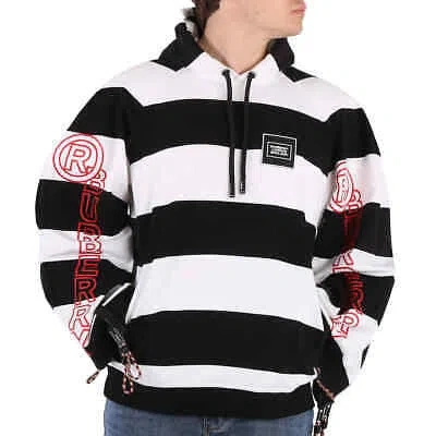 Pre-owned Burberry Men's Black Printed Logo Striped Hoodie In Multicolor
