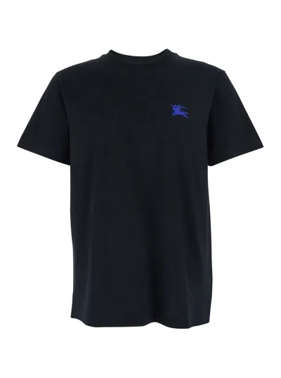 Burberry Men Black T-shirt With Embroidered Logo On The Chest In Cotton Man In Brown