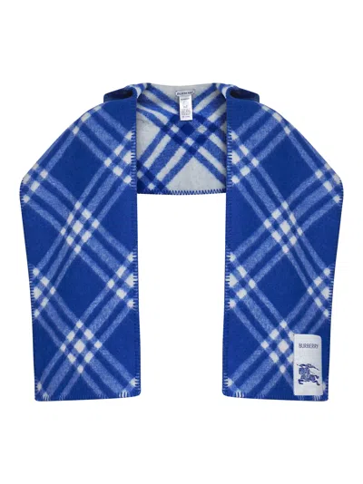 Burberry Men Blue Check Wool Hooded Scarf