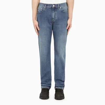 BURBERRY MEN'S BLUE DENIM REGULAR JEANS WITH WASHED EFFECT AND LEATHER DETAIL