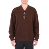 BURBERRY BURBERRY MEN'S BROWN WOOL V-NECK GOLD-PLATED WHISTLE DETAIL RIB KNIT SWEATER
