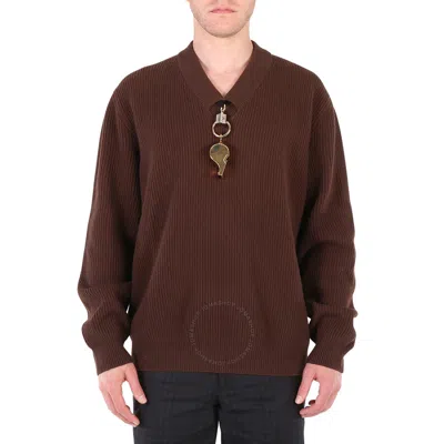 Burberry Men's Brown Wool V-neck Gold-plated Whistle Detail Rib Knit Sweater