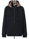 Burberry Cotton Check Pattern Drawstring Hooded Sweater With Front Zip In Black