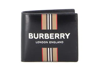 Pre-owned Burberry Men's  Bifold Icon Stripe Leather Wallet In Black